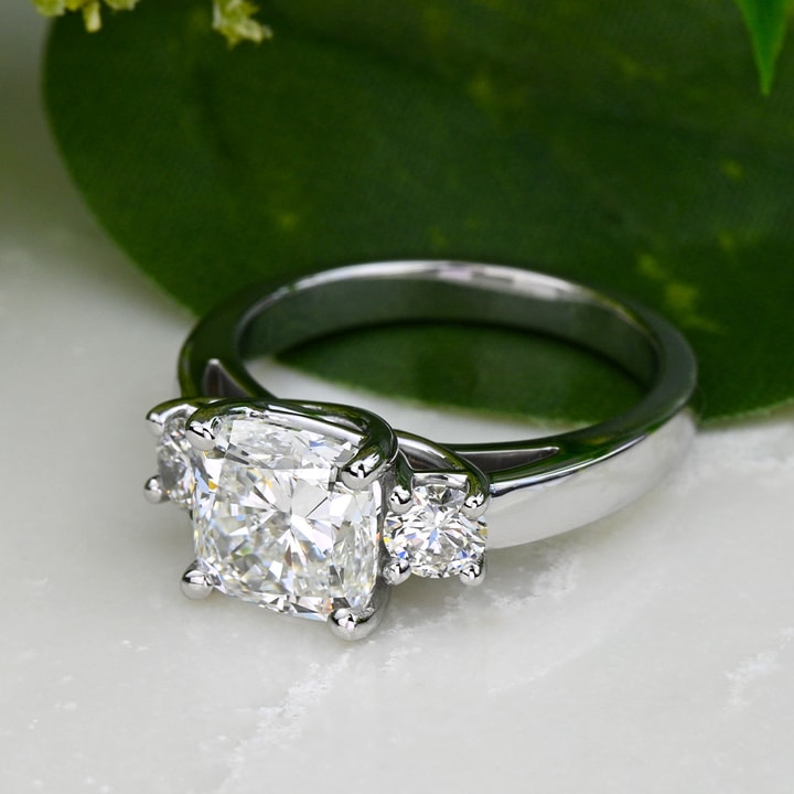 2.50 Carat Lab Grown Cushion Diamond 3 Stone Trellis Engagement Ring