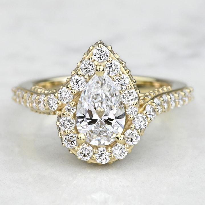 Custom Lab Grown Pear Diamond Halo Engagement Ring With Antique Detailing