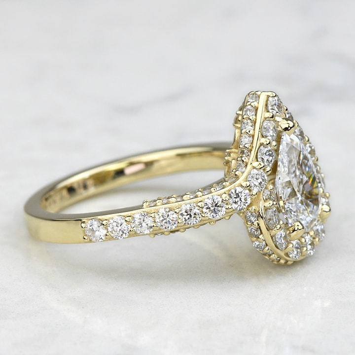 Custom Lab Grown Pear Diamond Halo Engagement Ring With Antique Detailing