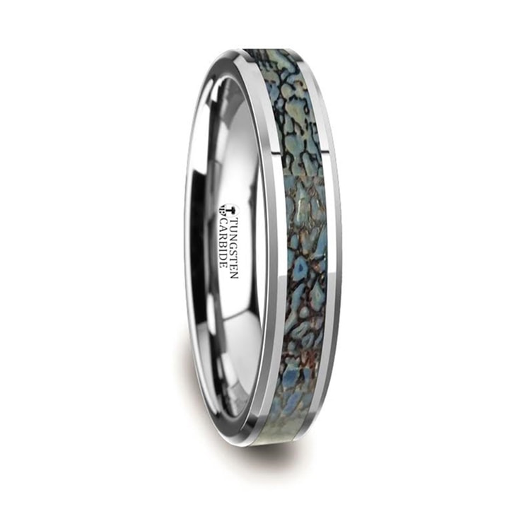 Tungsten And Blue Dinosaur Bone Inlay Wedding Ring