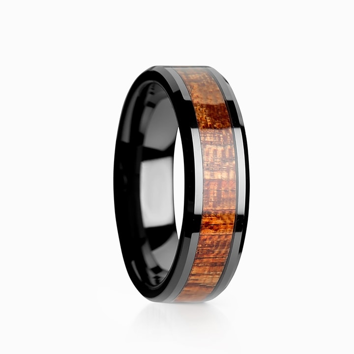 Slim 4 Mm Dark Mahogany Wood Ring In Black Ceramic