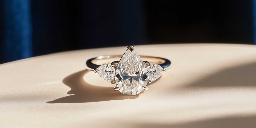 Three stone engagement ring with pear shaped center stone on white surface