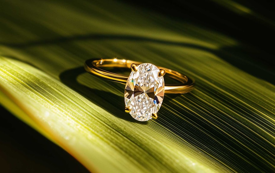 Oval gold engagement ring on green surface