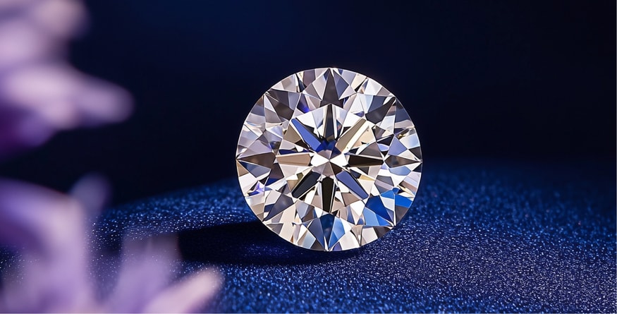 A round brilliant-cut diamond showcased on a dark blue surface, with soft, blurred floral elements in the foreground.