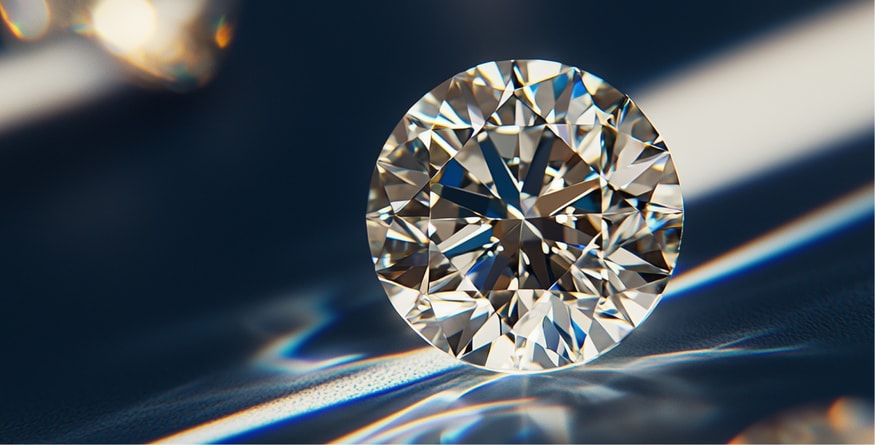 A close-up image of a brilliant round-cut diamond resting on a dark reflective surface, displaying intricate facets and rainbow-like light reflections.