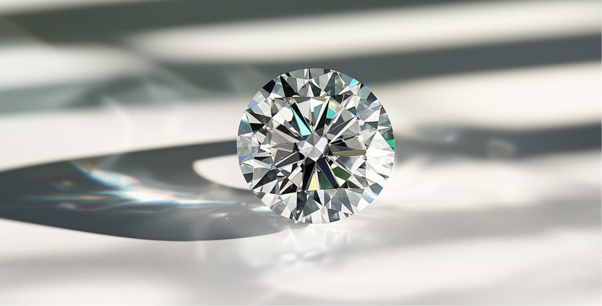 A round-shaped diamond sitting on a clean white surface, with artistic shadows and refracted light patterns creating a visually captivating effect.