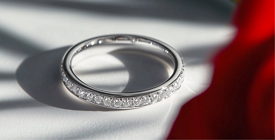 A diamond eternity wedding band made of silver, set on a white surface with a red rose petal subtly framing the background.