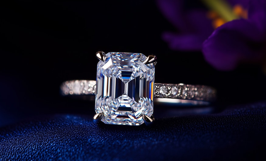 Diamond engagement ring on dark blue surface