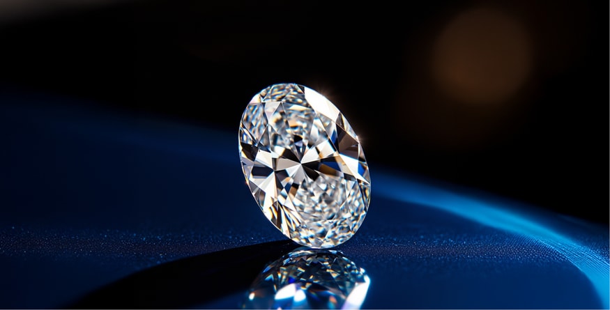 A high-quality oval-cut diamond placed on a blue surface, reflecting light and showcasing its intricate facets.