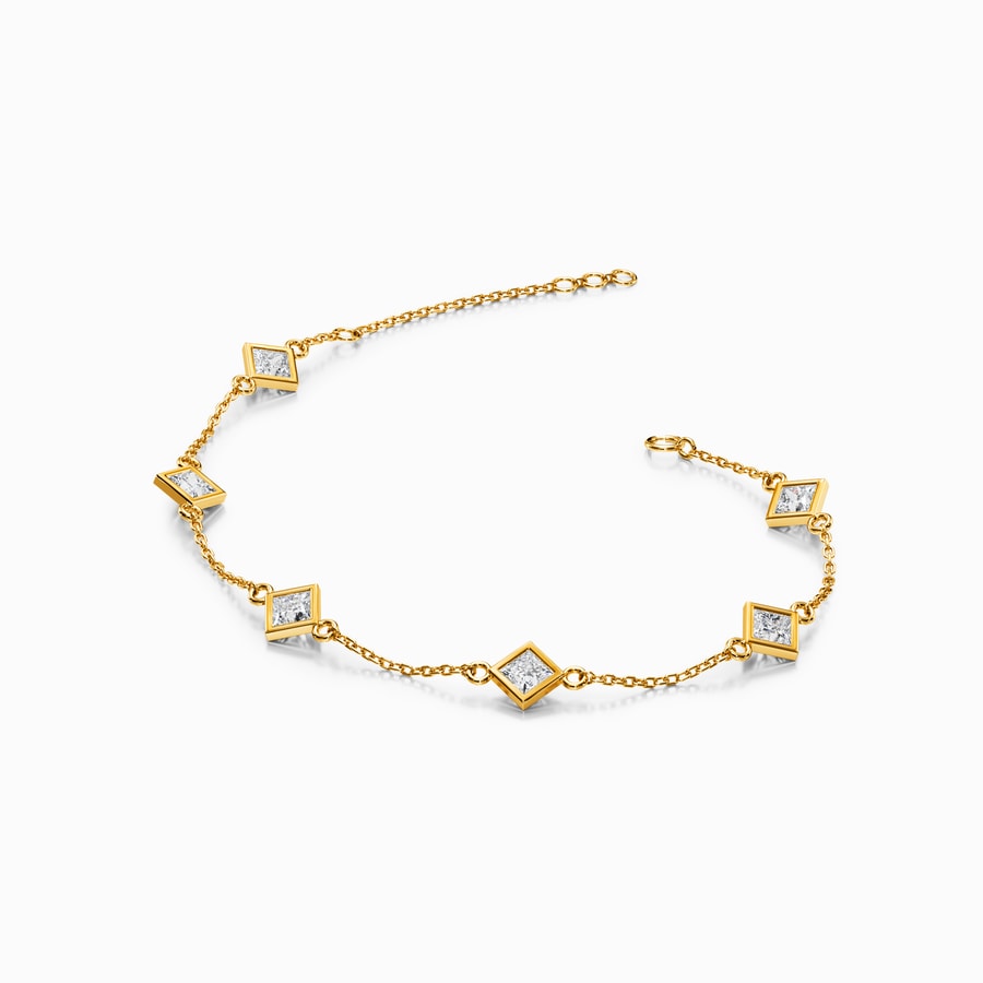 Bezel Princess Lab Diamond Station Chain Bracelet in Yellow Gold (1.50 Carat)