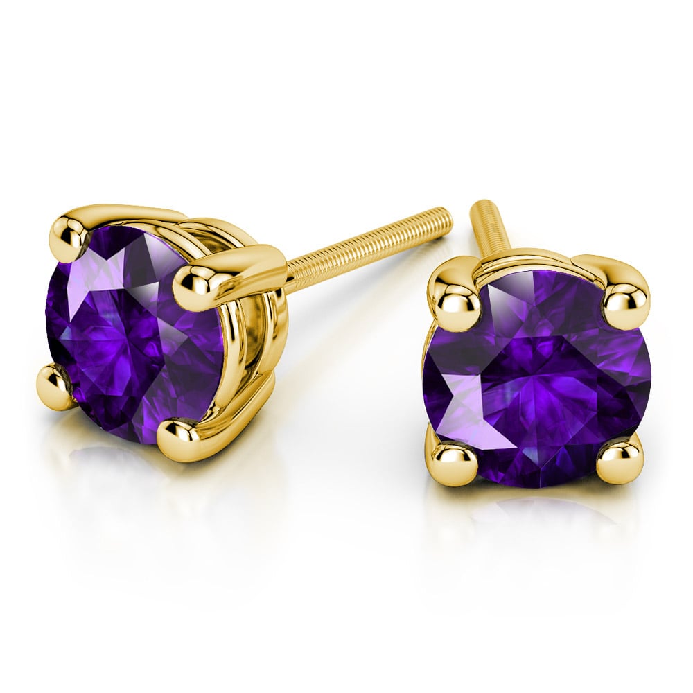 Round Amethyst Stud Earrings In Yellow Gold (4.1 mm) | 01