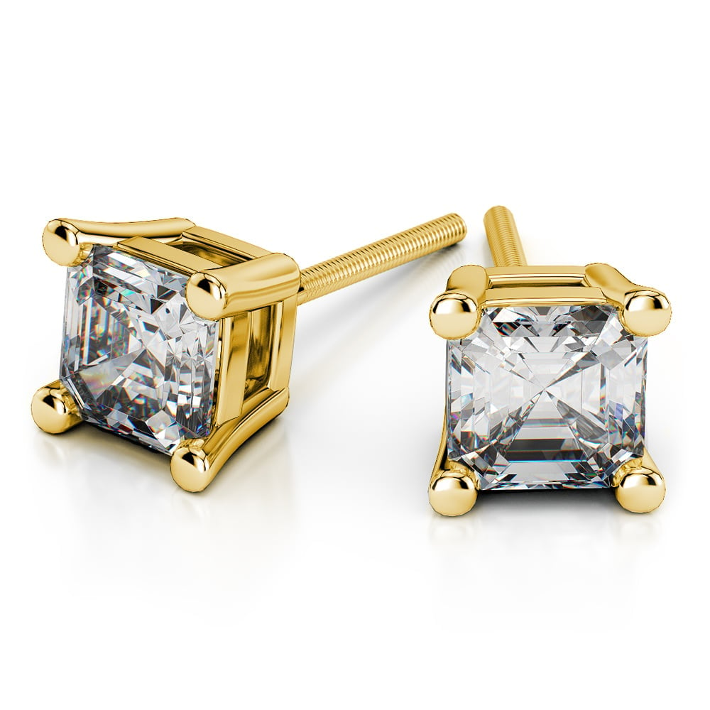 Two Carat Asscher Cut Diamond Earrings In Yellow Gold | 01