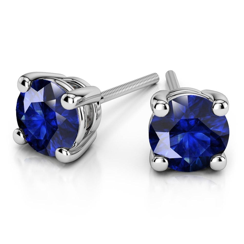 Round Blue Sapphire Gemstone Stud Earrings In Platinum | 01