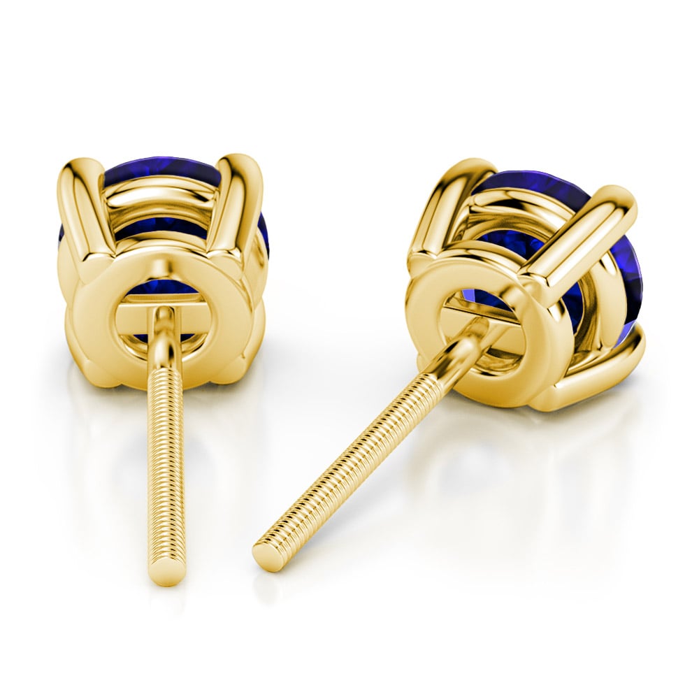 Round Blue Sapphire Gemstone Stud Earrings In Gold | 02