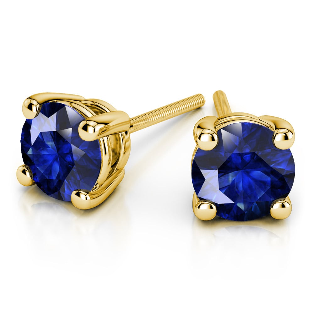 Round Blue Sapphire Gemstone Stud Earrings In Yellow Gold | 01
