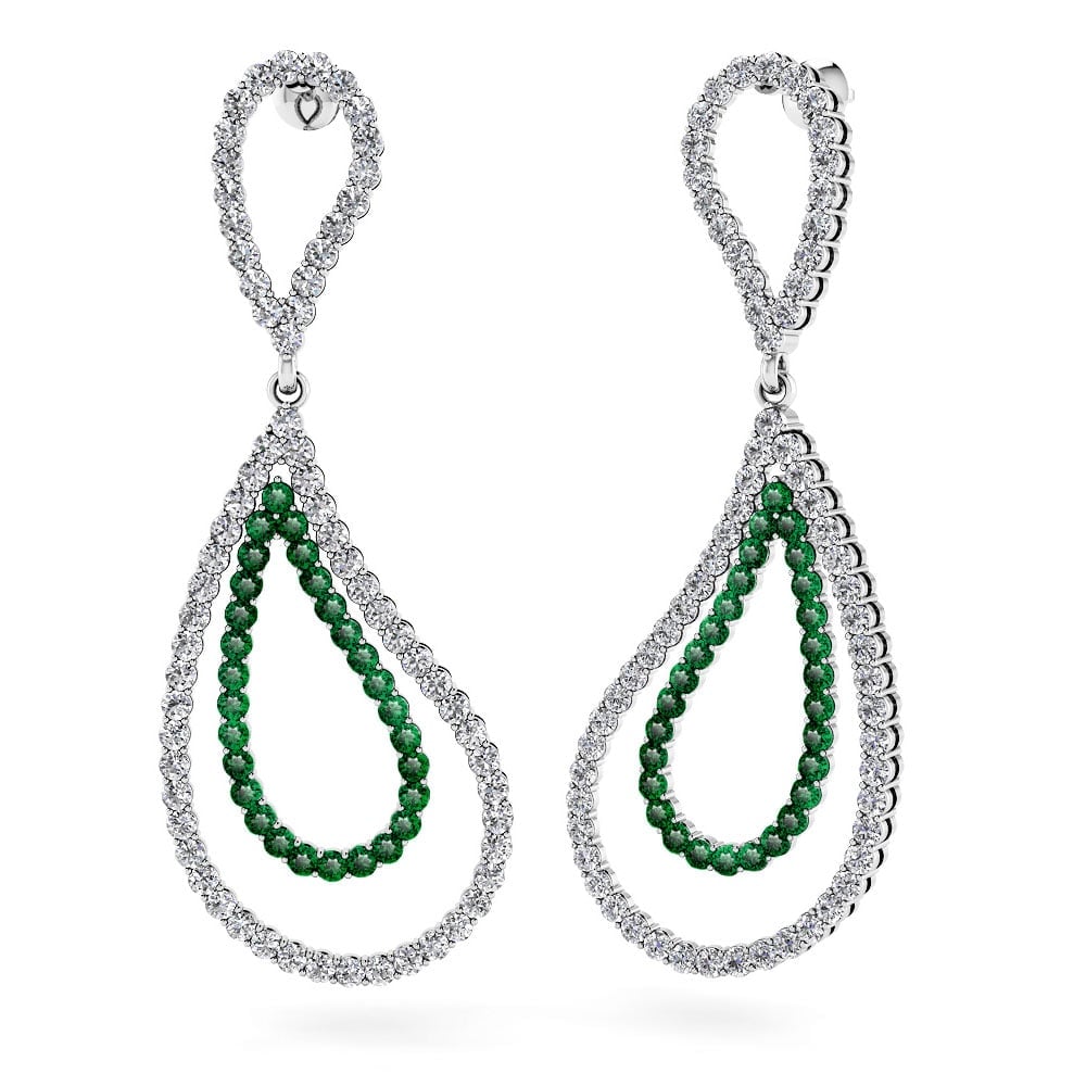 Teardrop Diamond And Emerald Earrings In 14K White Gold | Zoom