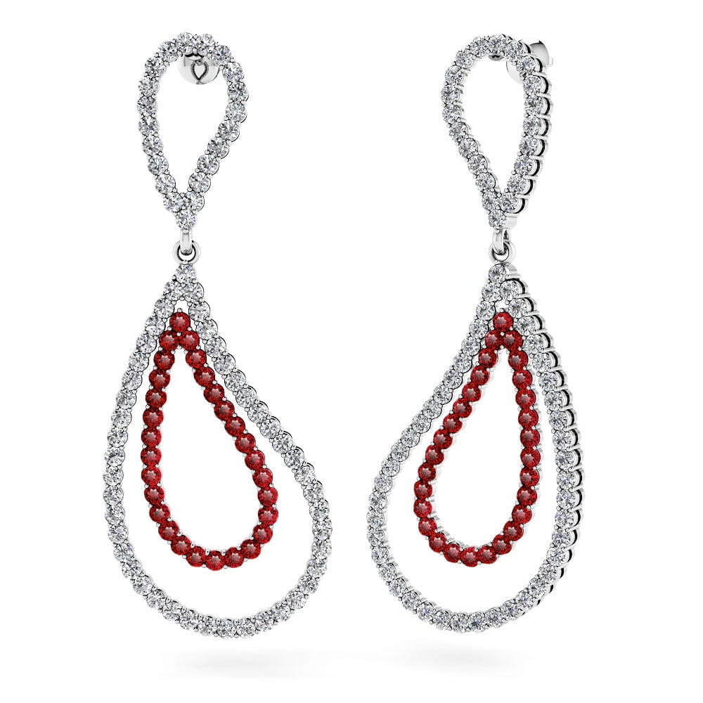 Ruby And Diamond Earrings In White Gold (Curved Dangle Design) | 01