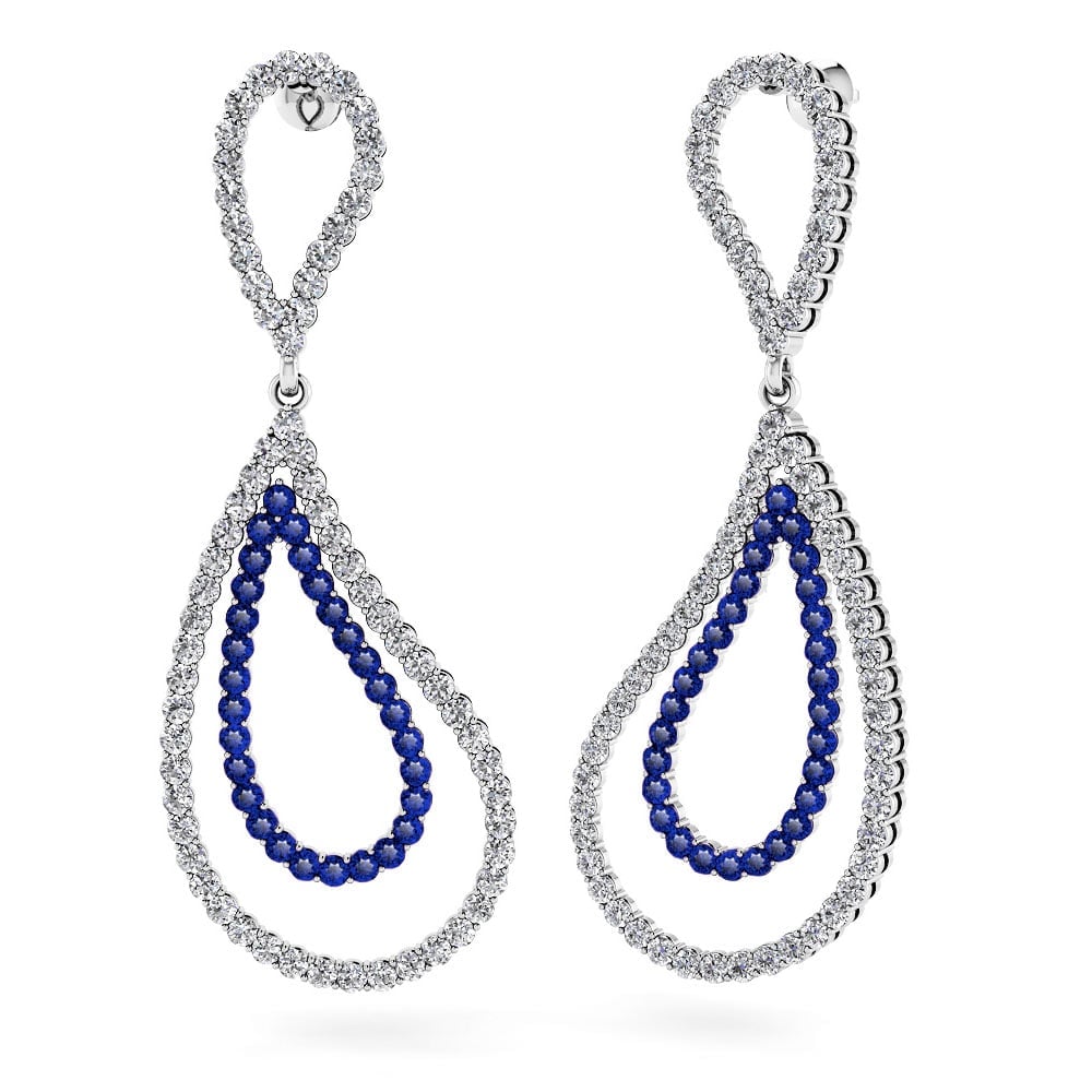 Sapphire And Diamond Earrings In White Gold (Curved Dangle Design) | 01