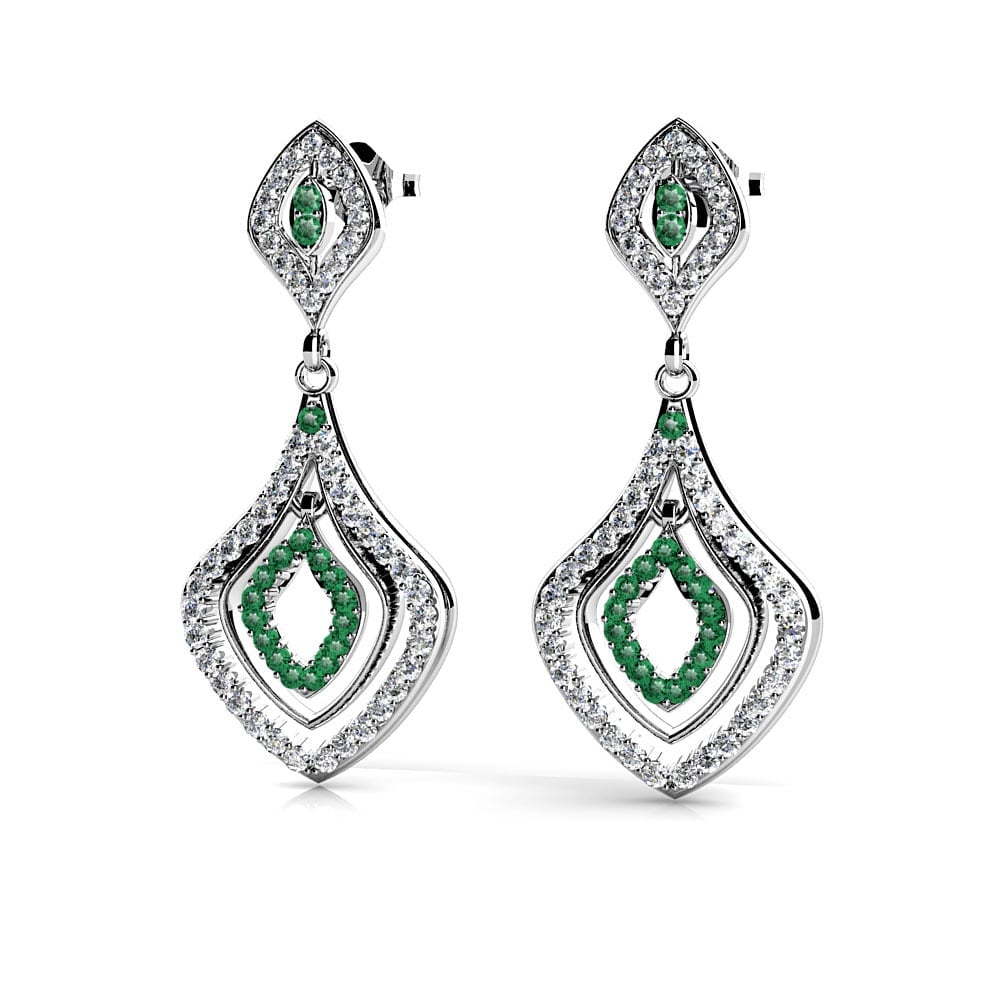 Vintage Inspired Diamond And Emerald Dangle Earrings In White Gold | 01