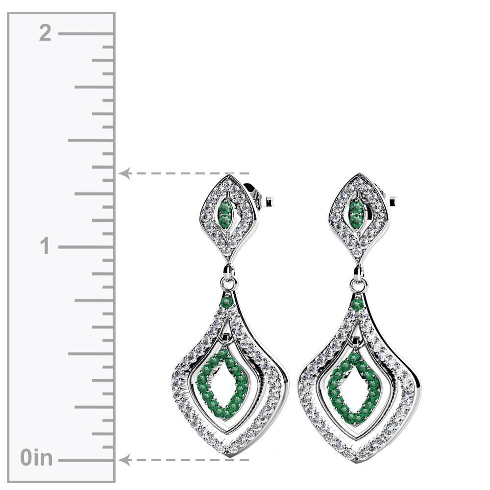 Vintage Inspired Diamond And Emerald Dangle Earrings In White Gold | 02