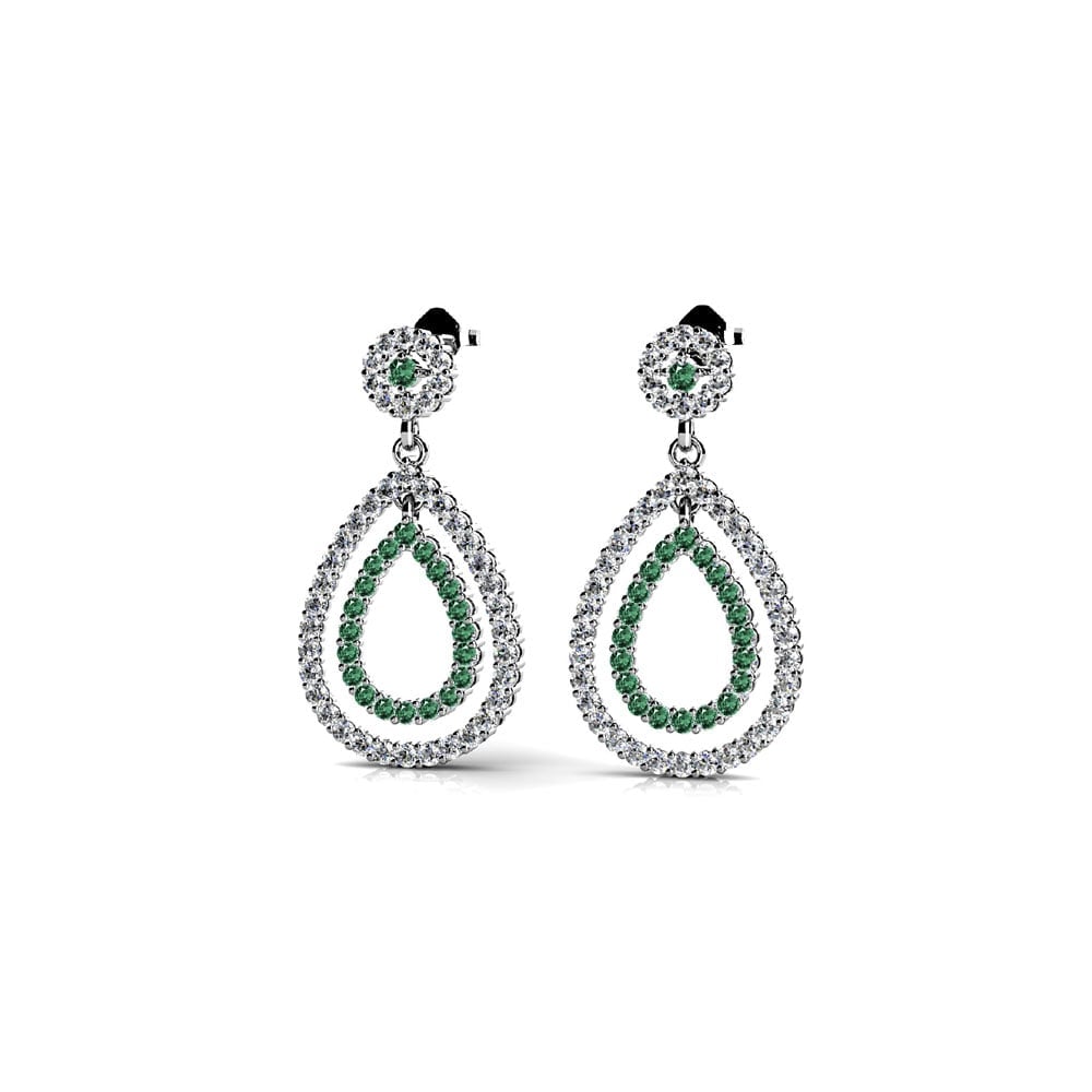 Diamond & Emerald Drop Earrings In 14k White Gold | 01