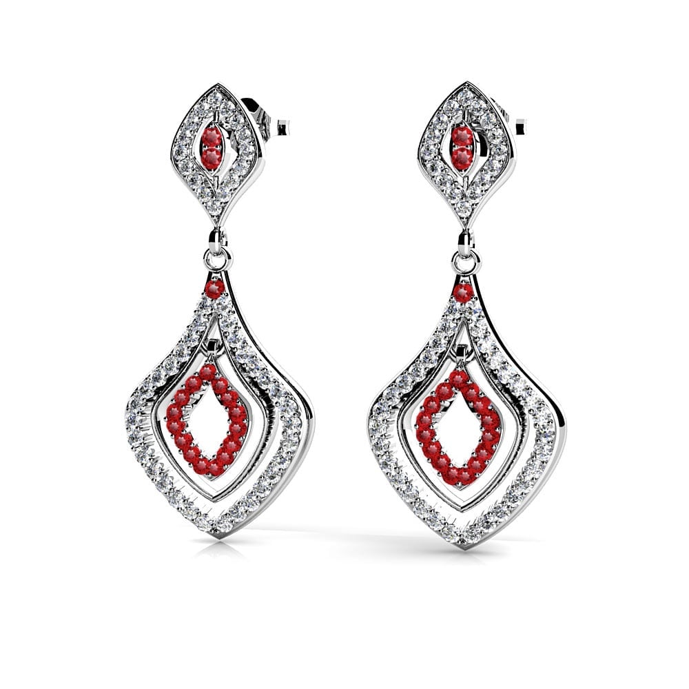 Vintage Inspired Diamond And Ruby Dangle Earrings In White Gold | 01