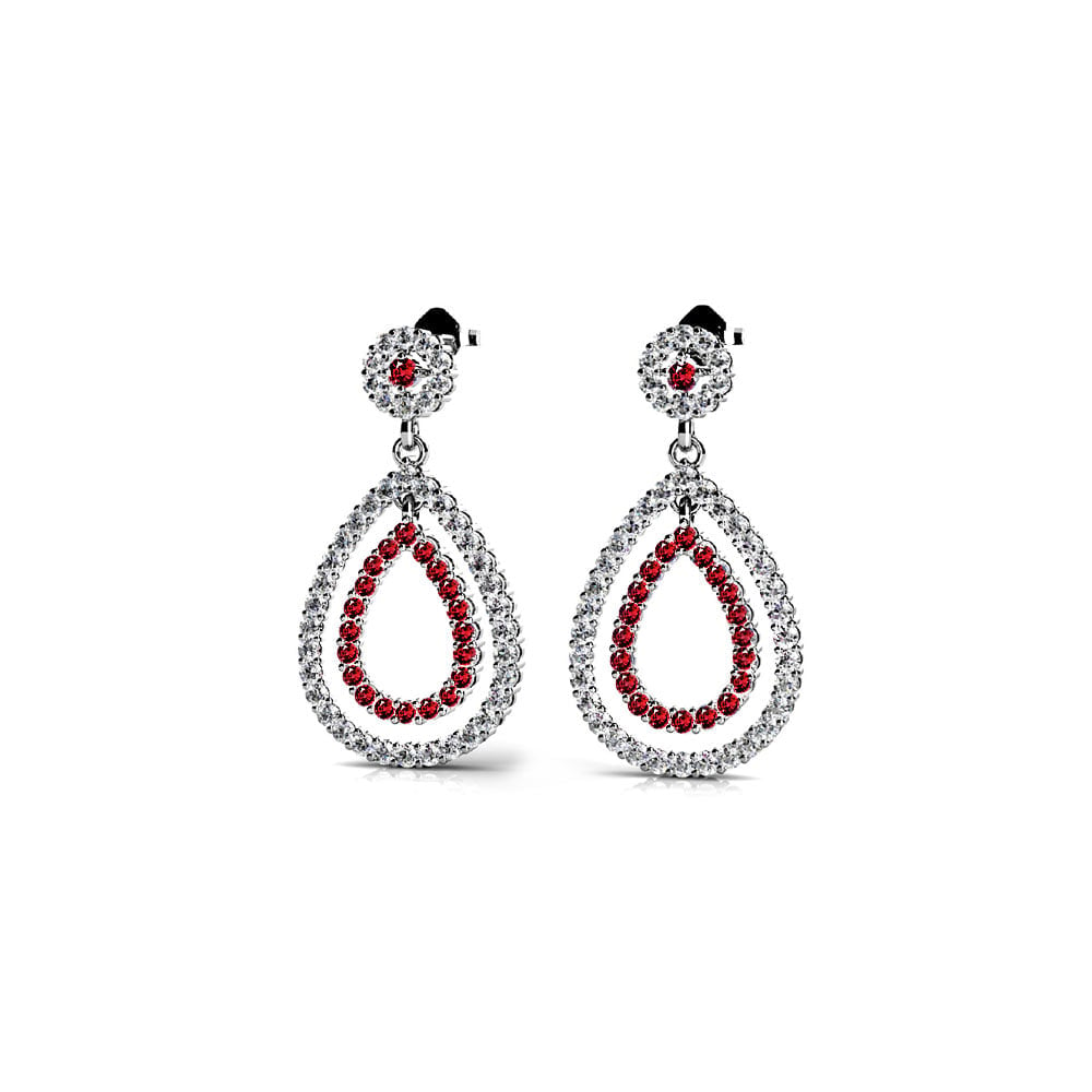 Teardrop Diamond And Ruby Gemstone Earrings In 14K White Gold | 01