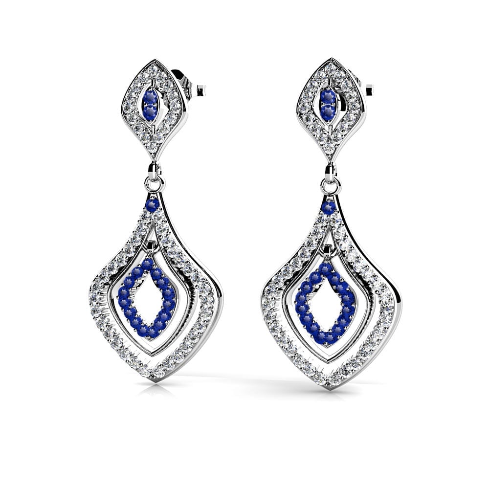 Vintage Inspired Diamond And Sapphire Dangle Earrings In White Gold | 01