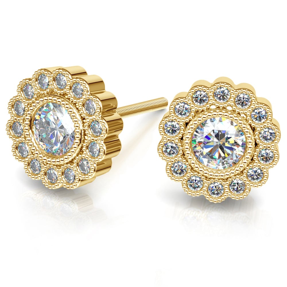 Gold Flower Stud Earrings - Diamond Settings  | 01