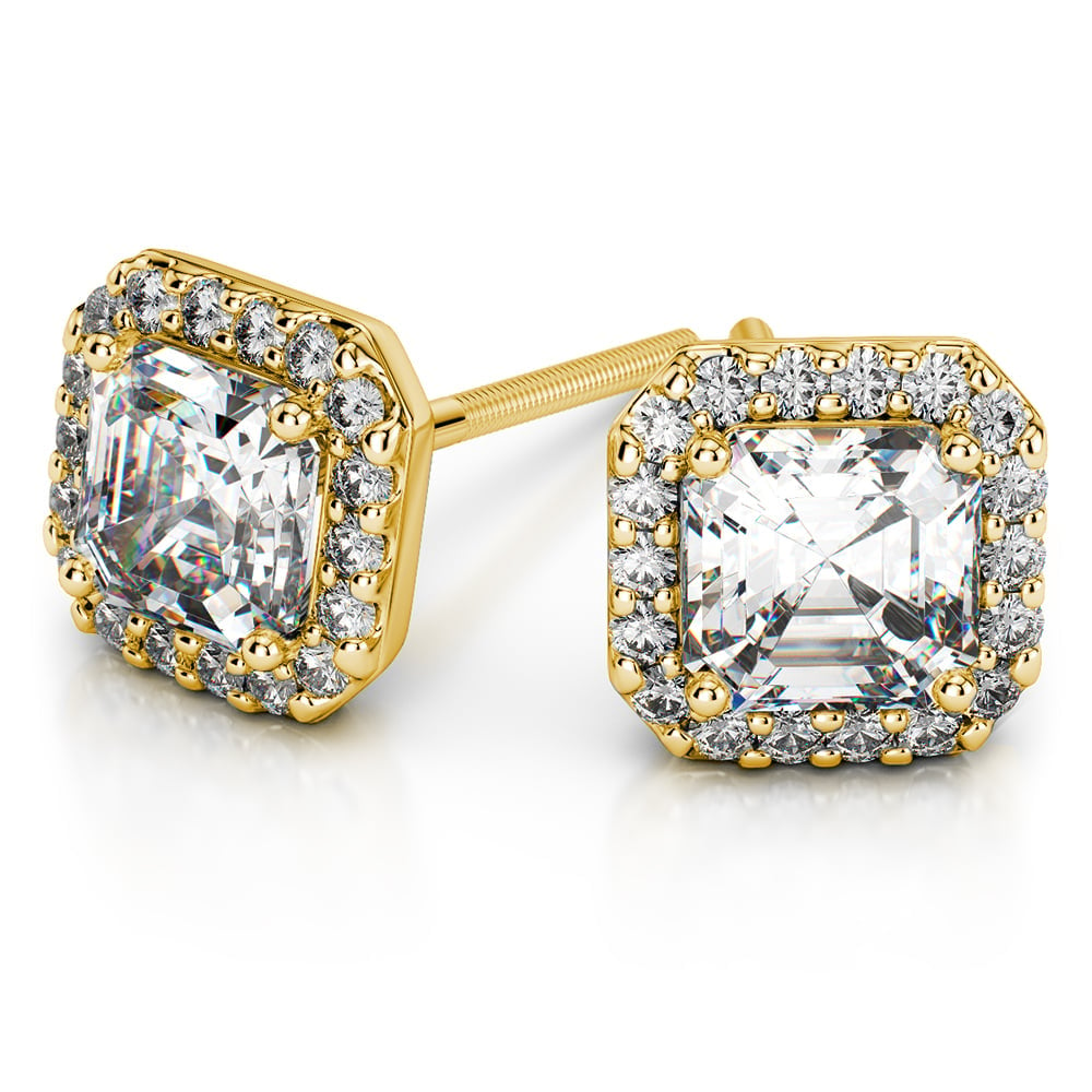 Halo Asscher Cut Diamond Earrings In Yellow Gold (Settings) | 01