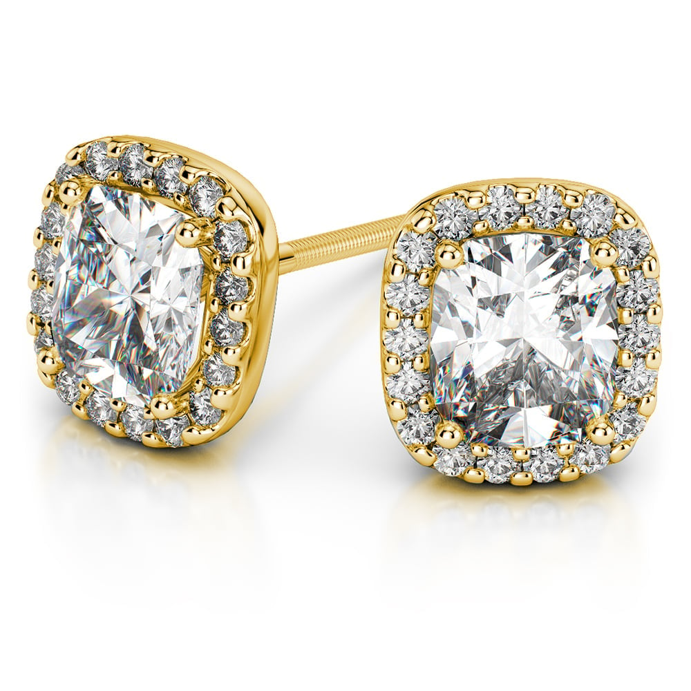 Halo Cushion Cut Diamond Earrings In Yellow Gold (Settings) | 01