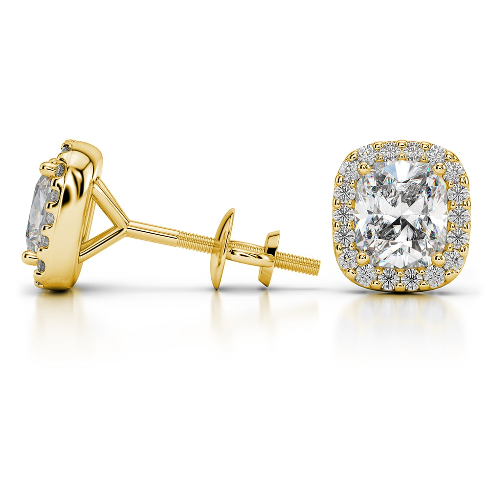 Halo Cushion Cut Diamond Earrings In Yellow Gold (Settings) | 03