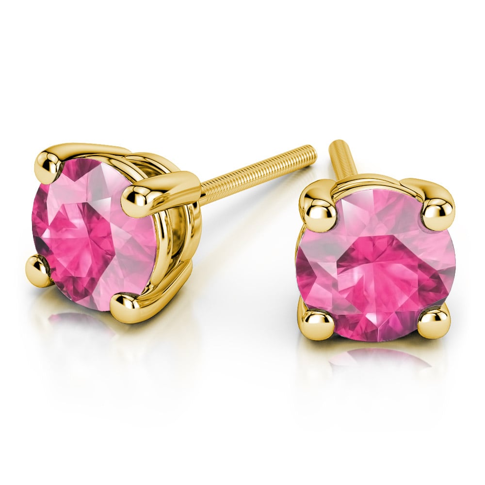 Pink Sapphire Round Gemstone Stud Earrings in Yellow Gold (3.4 mm) | 01