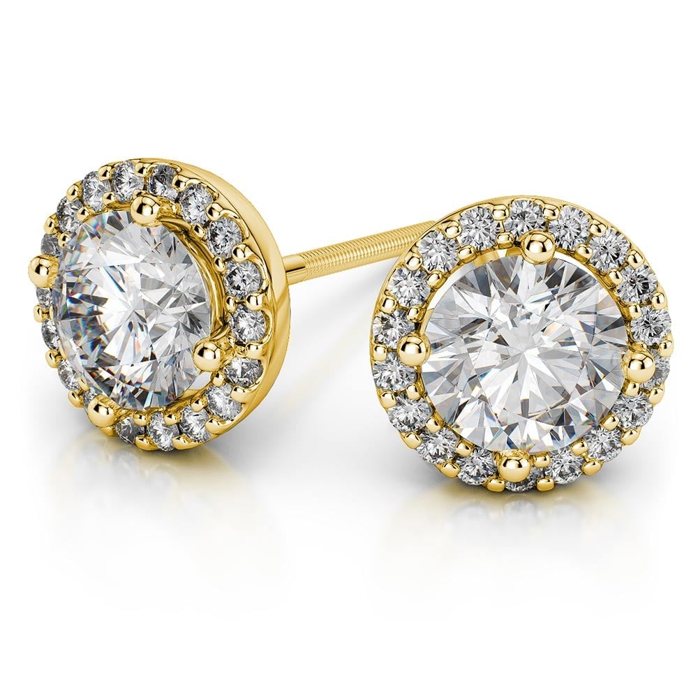 Moissanite Round Halo Earrings In Yellow Gold (7.5 mm) | 01