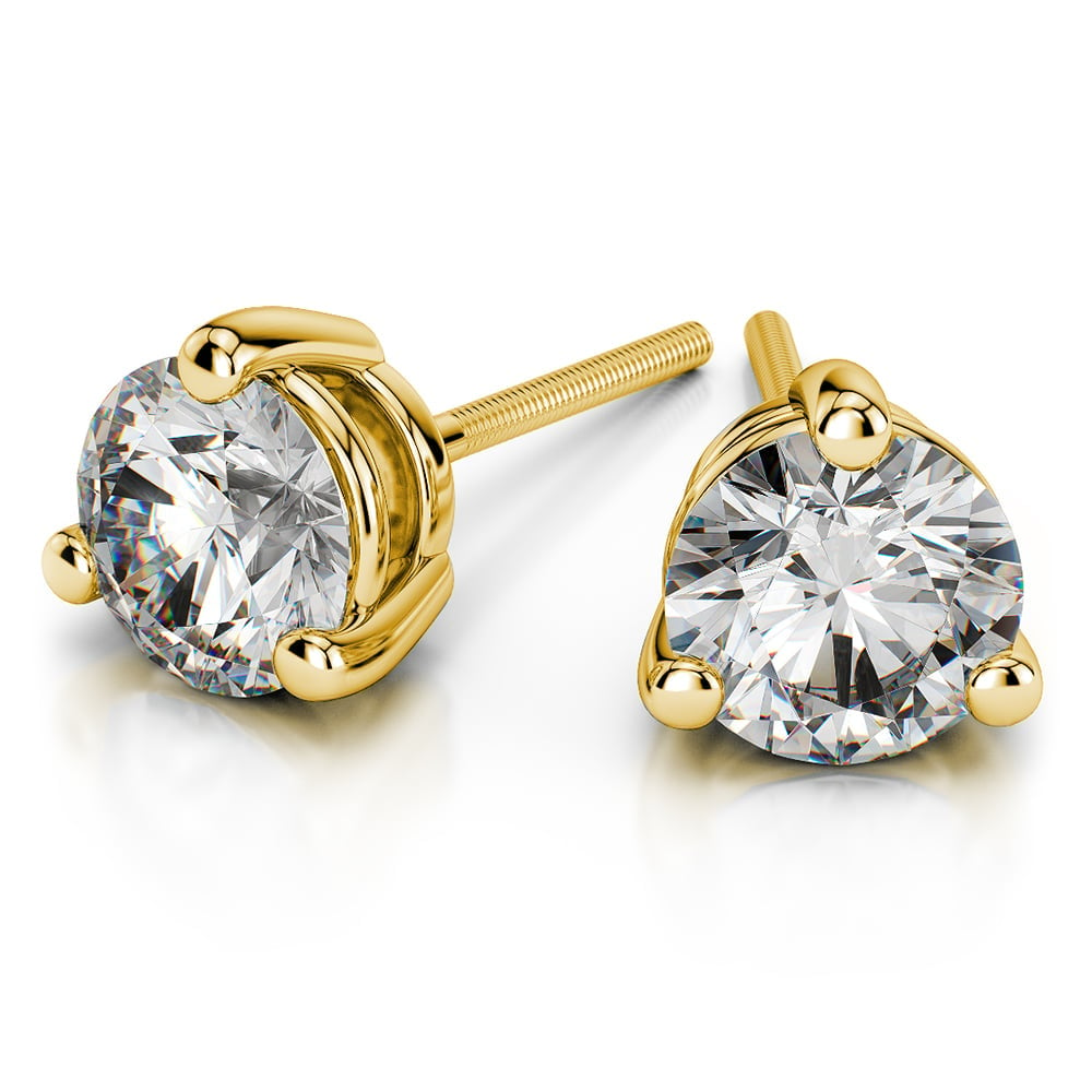 Three Prong Earring Settings In Yellow Gold (Round Diamonds) | 01