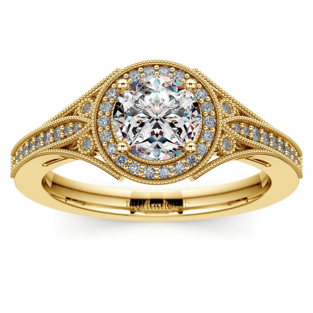 Art Deco Yellow Gold Engagement Ring With Diamond Halo  | Thumbnail 01