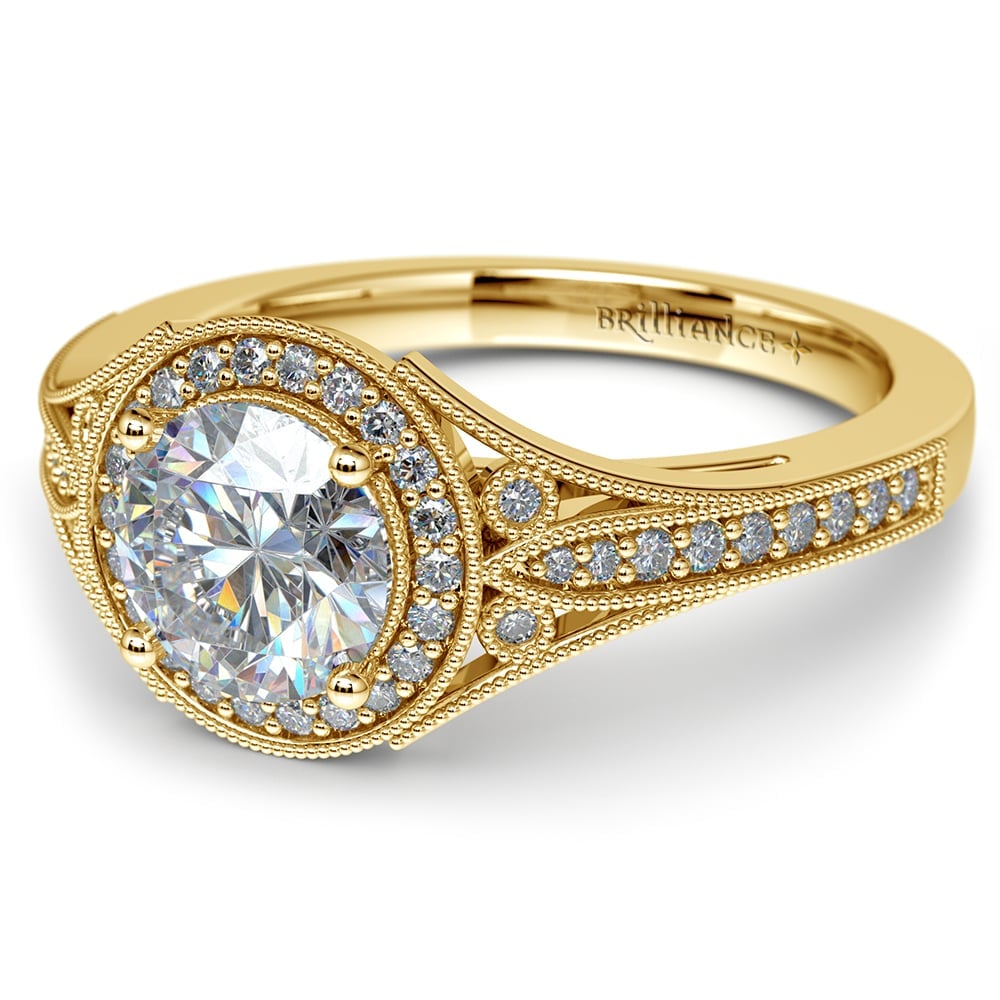 Art Deco Yellow Gold Engagement Ring With Diamond Halo  | 04