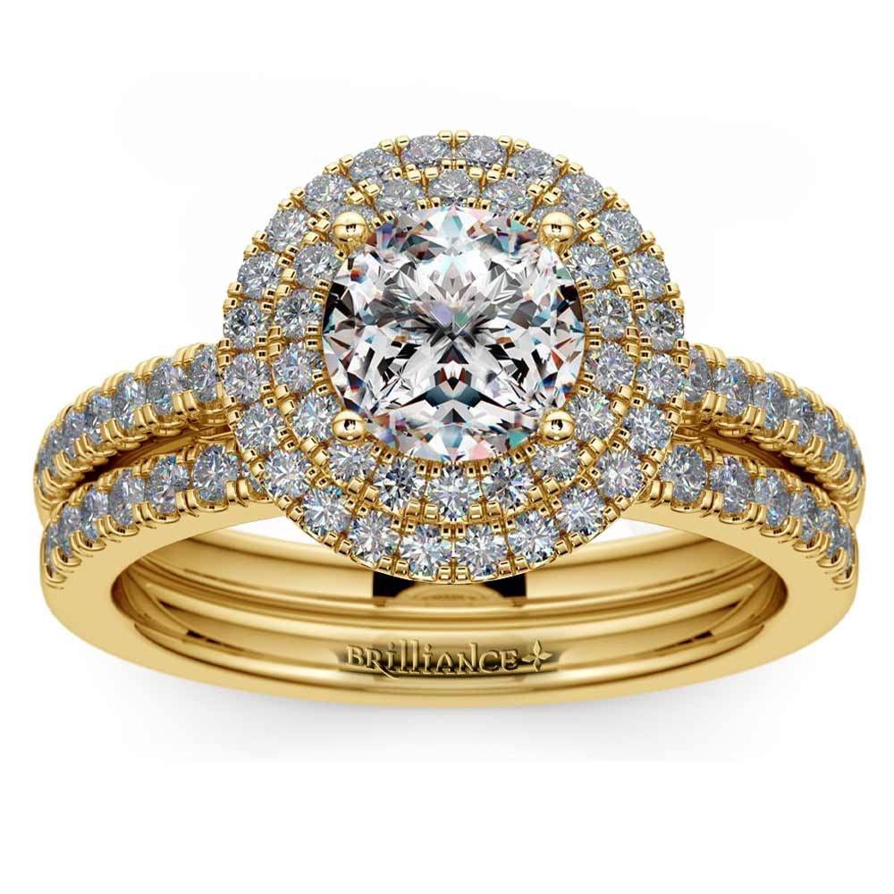 Double Halo Diamond Bridal Set in Yellow Gold | 01