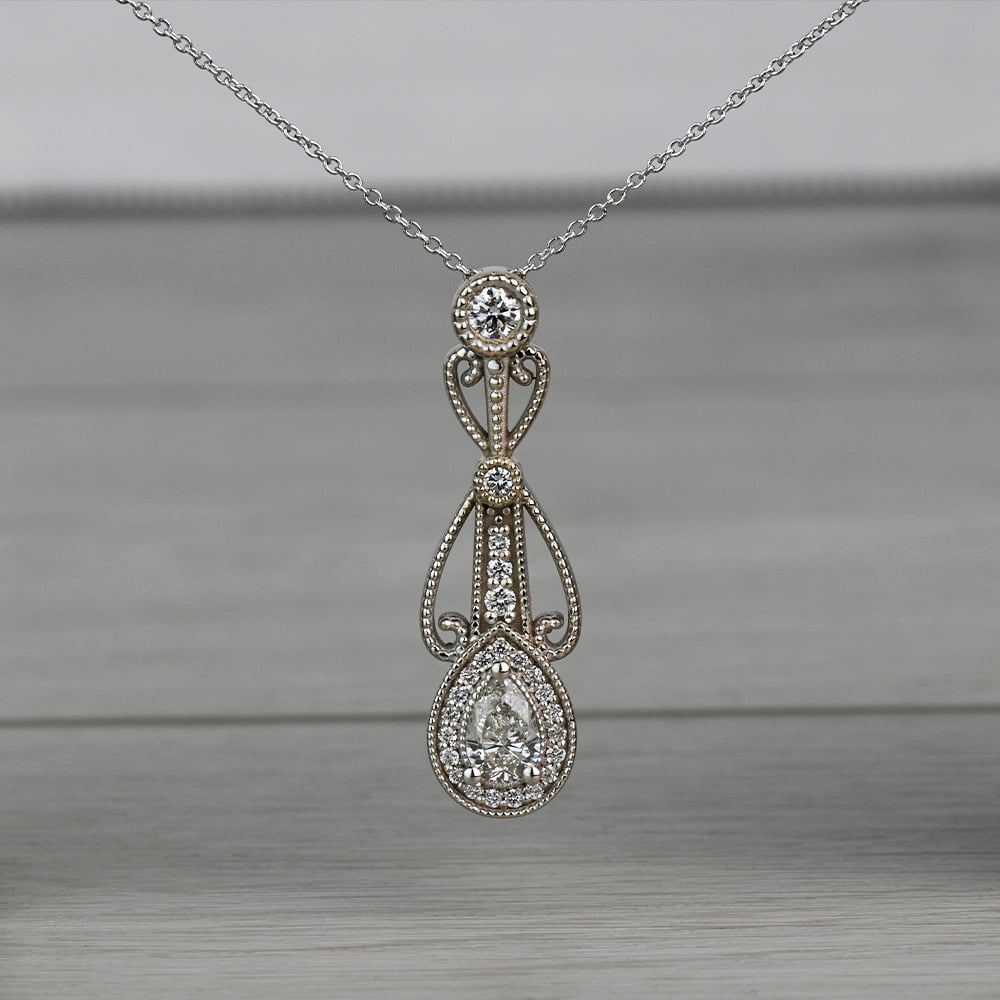 Vintage Pear Diamond Pendant Necklace In White Gold | 04