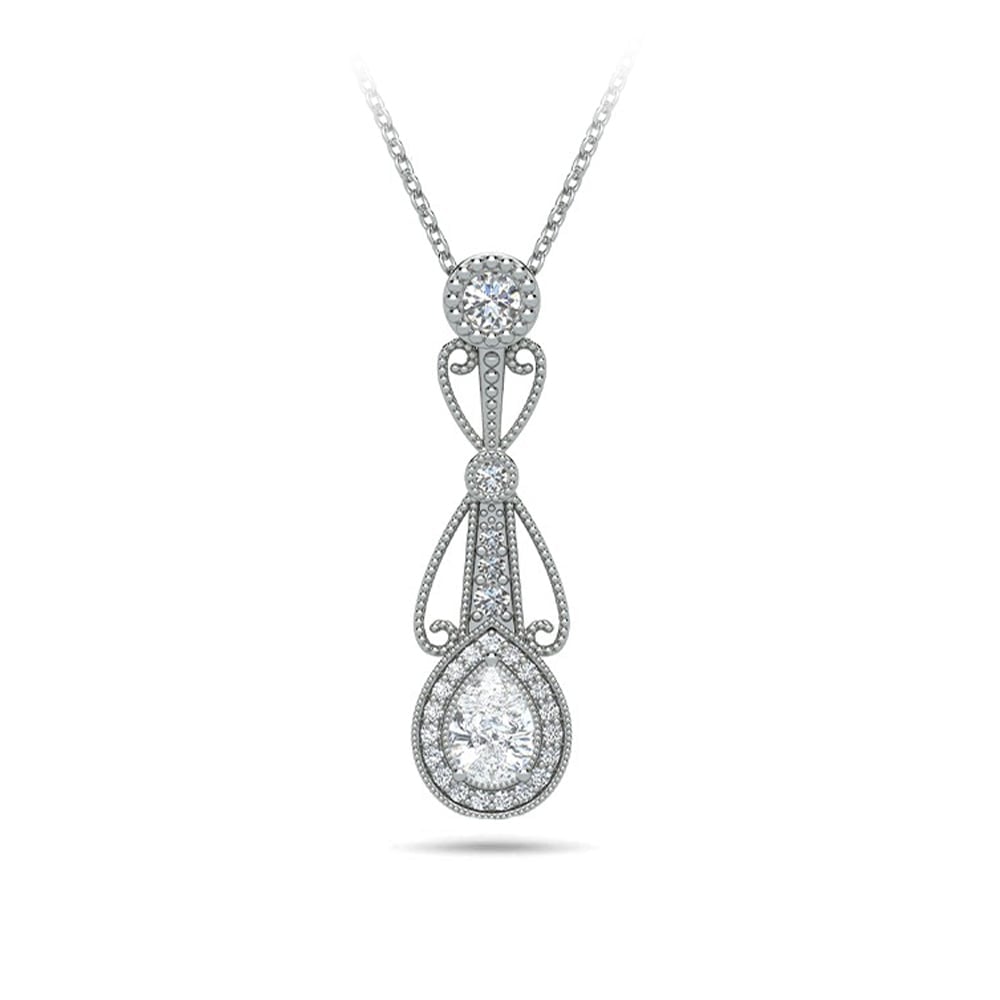 Vintage Pear Diamond Pendant Necklace In White Gold | 01