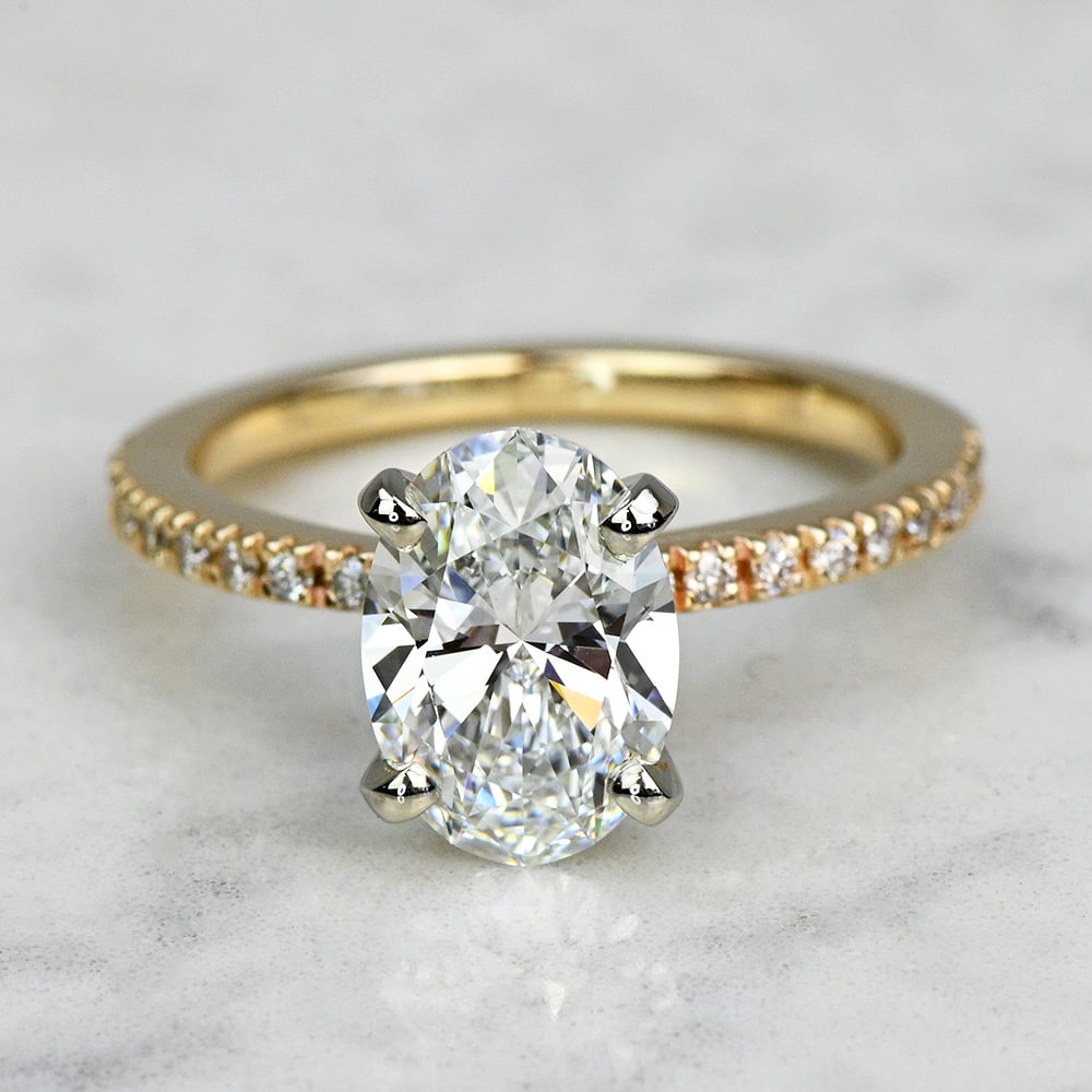2 Carat Lab Grown Oval Diamond Petite Pave Engagement Ring in Yellow Gold