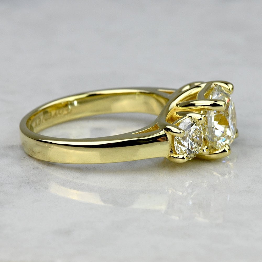 2 Carat Round Three Stone Engagement Ring in Yellow Gold - small angle 3