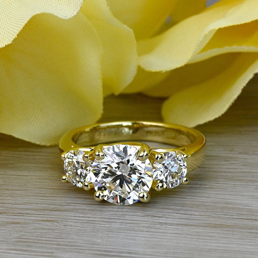 2 Carat Round Three Stone Engagement Ring in Yellow Gold - small angle 5