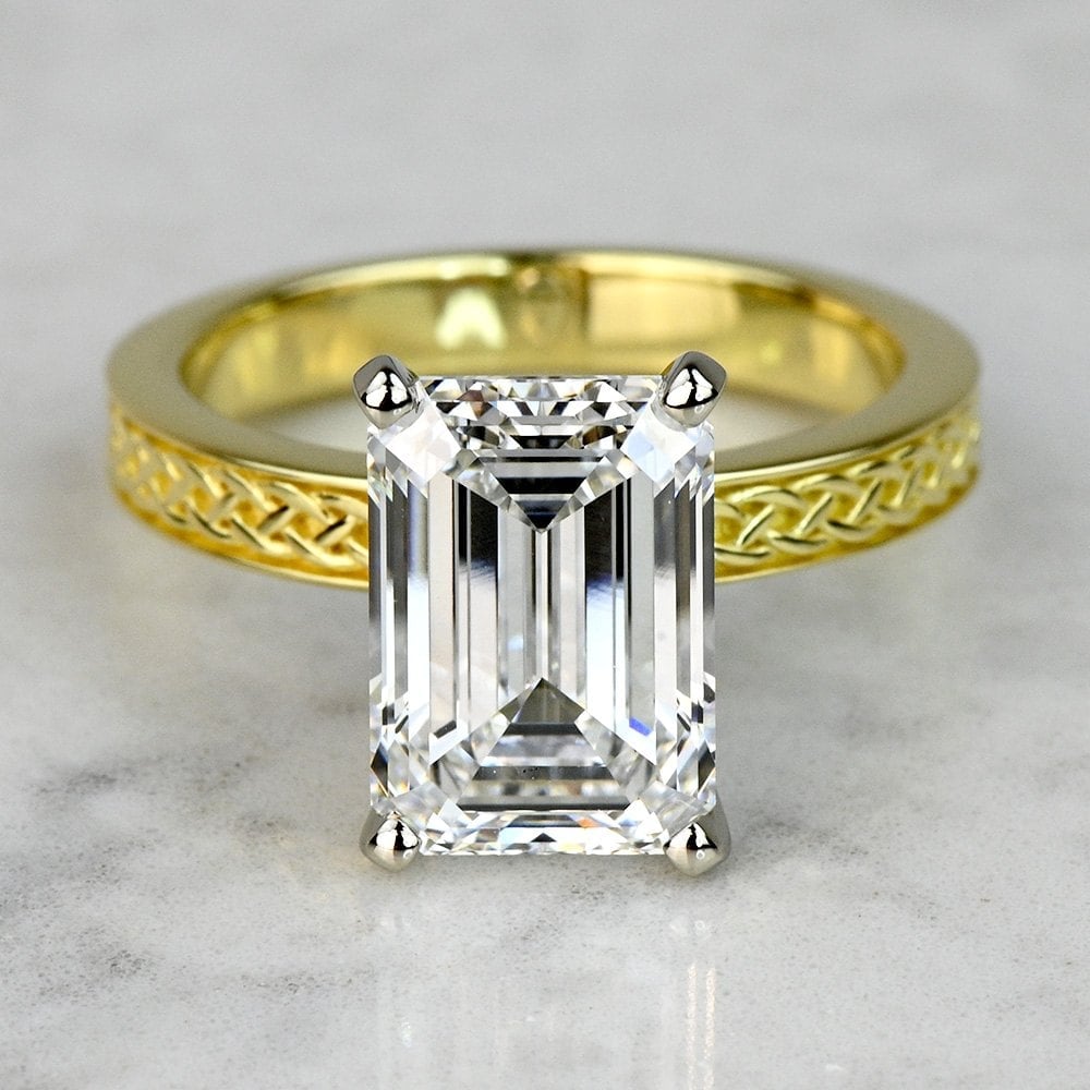 5 Carat Lab Grown Emerald Diamond Celtic Knot Gold Engagement Ring