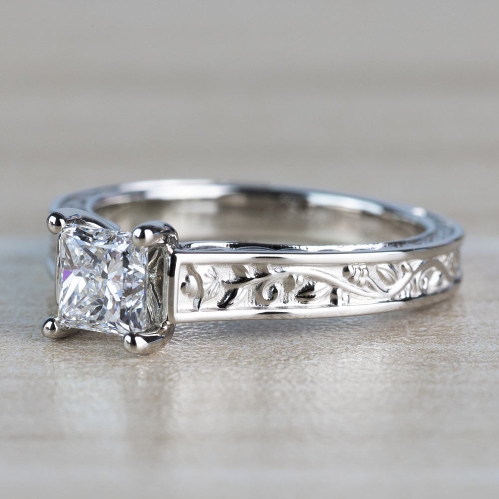 Antique Floral Princess Cut Diamond Engagement Ring angle 2