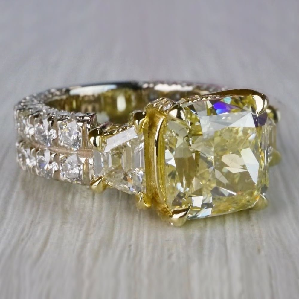 Antique 7 Carat Yellow Diamond Ring - Three Stone Design - small angle 3