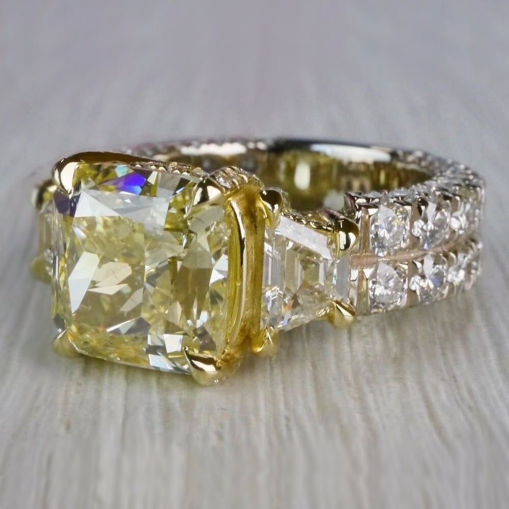 Antique 7 Carat Yellow Diamond Ring - Three Stone Design angle 2