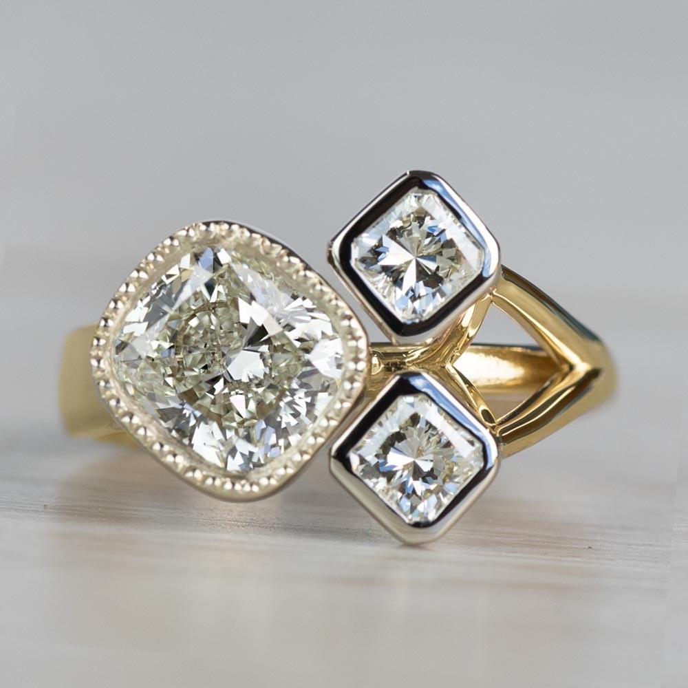 Custom Bezel Cushion Cut Diamond Three Stone Engagement Ring - small