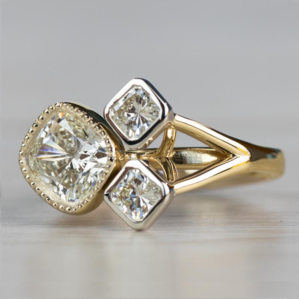 Custom Bezel Cushion Cut Diamond Three Stone Engagement Ring - small angle 2