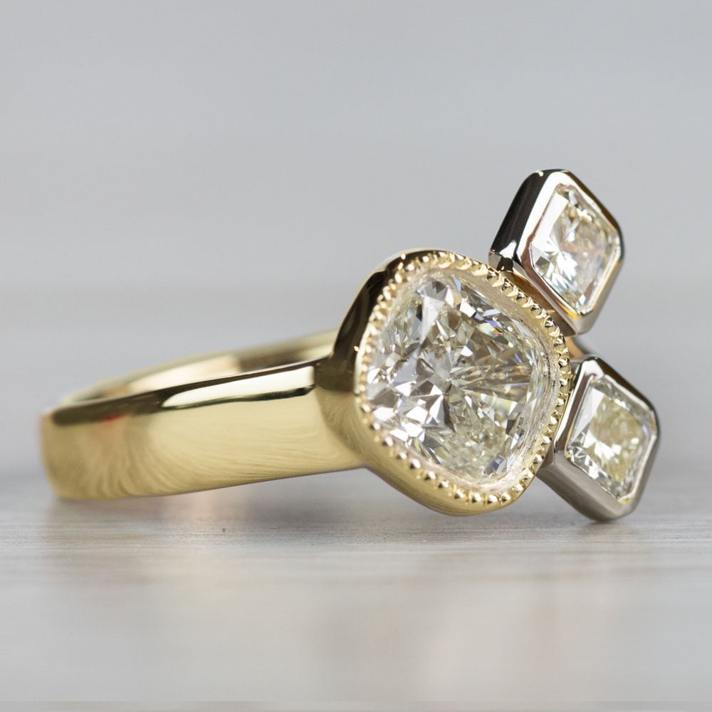 Custom Bezel Cushion Cut Diamond Three Stone Engagement Ring - small angle 3